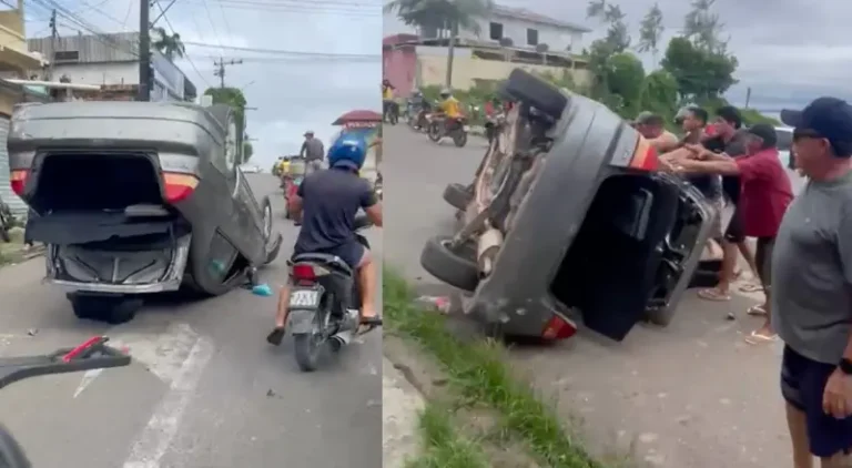 Vizinhos socorrem motorista e desviram carro capotado em Tefé