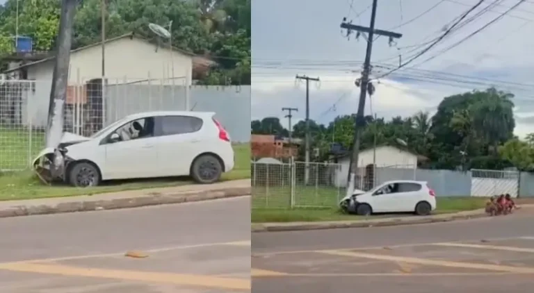 Carro em alta velocidade colide contra poste em Iranduba: vídeo impactante