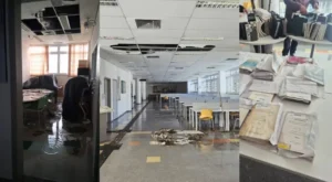 Após teto desabar, funcionários salvam acervo da biblioteca