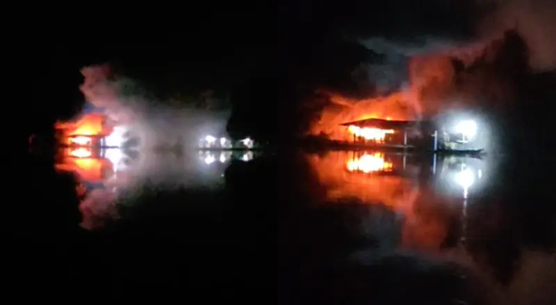 Incêndio destrói flutuante na bacia do Tarumã-Açu, em Manaus