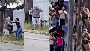 Tudo filmado: mulher salva de ex-marido ameaçador por PMs